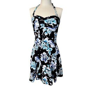 WHITE HOUSE BLACK MARKET black dress with blue and white flowers Size 6 EUC